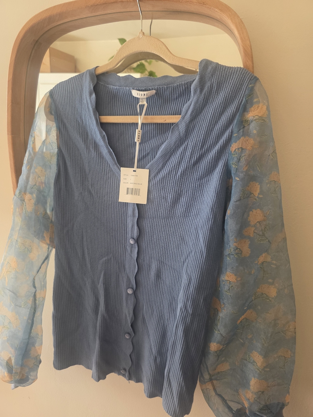 Light Blue Ribbed Button-Front Top with Floral Sheer Sleeves